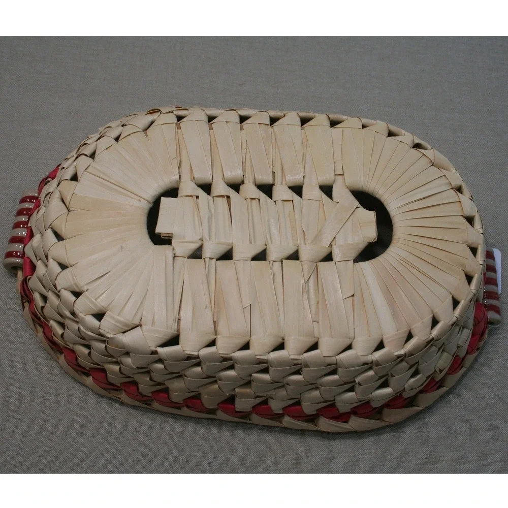 Handmade Oval Wicker Bread Basket Natural Straw Red Ribbon Ceramic Handles